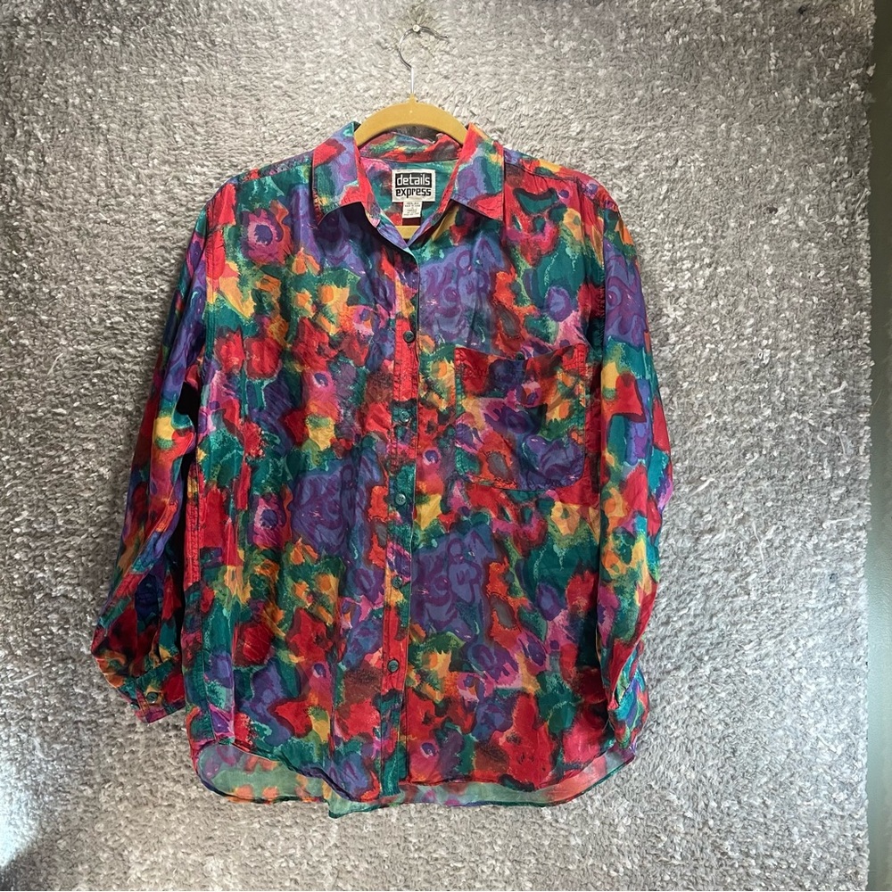 Vintage Details Express Silk Wearable Art Button Up Long Sleeve Shirt Medium